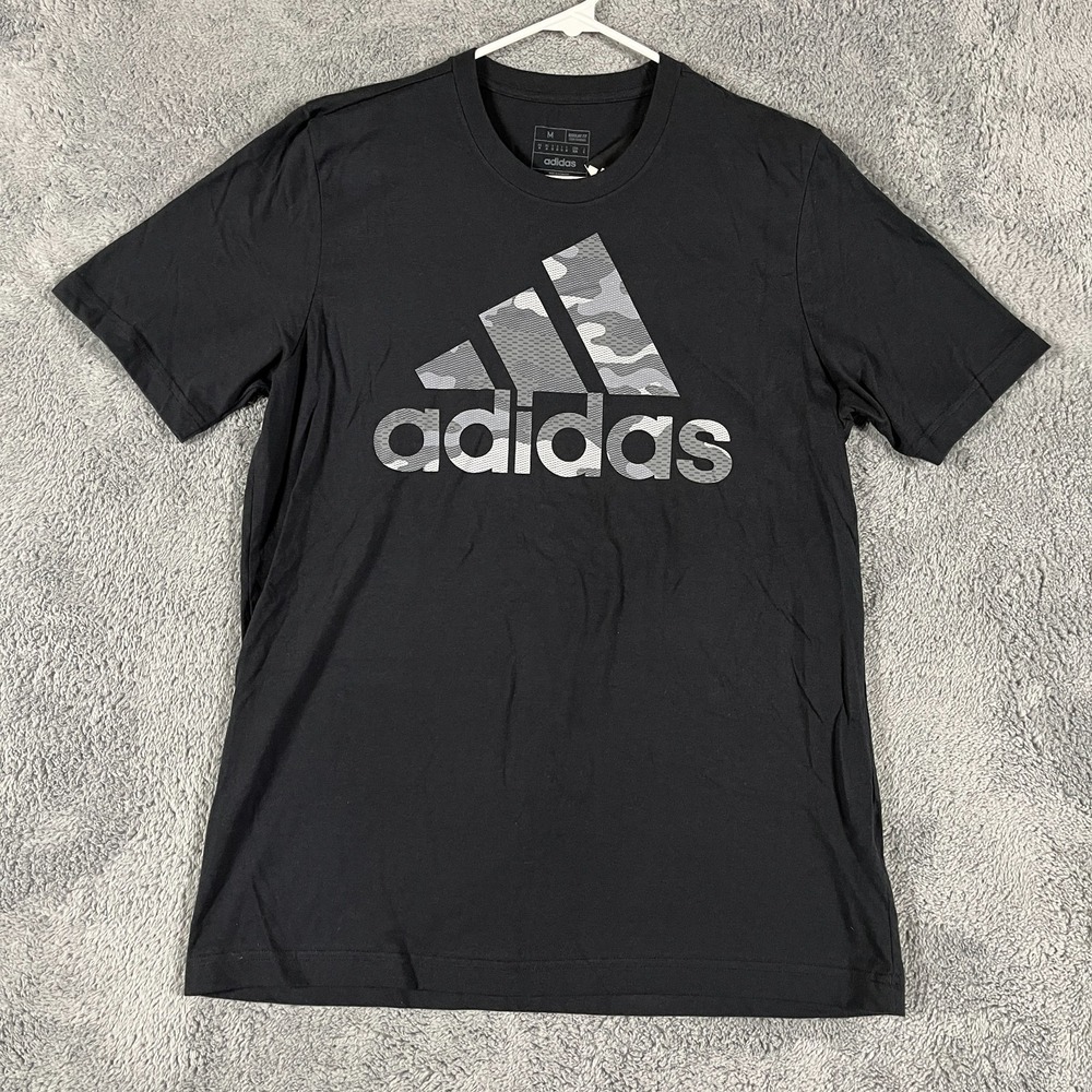 Adidas T-Shirt Mens M Black Camo Logo Regular Fit Short Sleeve Pullover KW1727